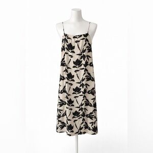 A New Day Linen Blend Midi Slip Dress Beige Black Floral Print Spaghetti Strap L
